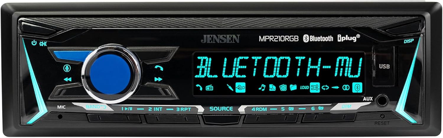 JENSEN MPR210RGB | 12 Character LCD Single DIN Car Stereo | RGB Custom Colors | Push to Talk Assistant | Bluetooth Hands Free Calling Music Streaming | AM/FM Radio | USB Playback & Charging