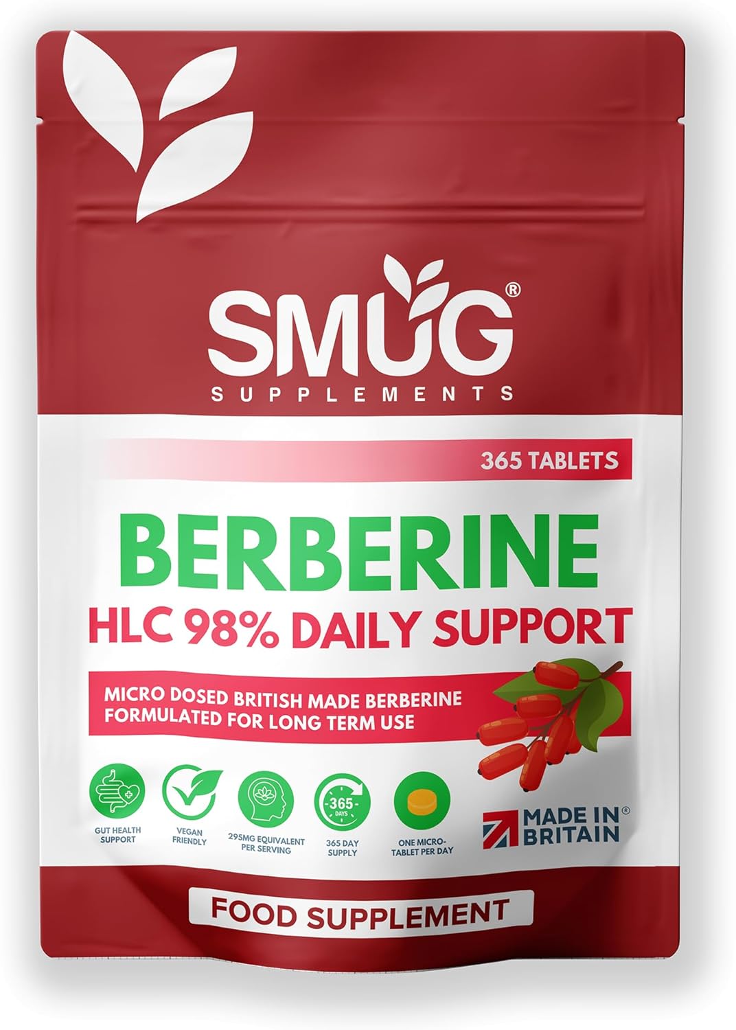 Berberine HLC British Made 98% Pure by SMUG Supplements - 365 Micro Tablets - One Year Supply - Suitable for Both Men and Women