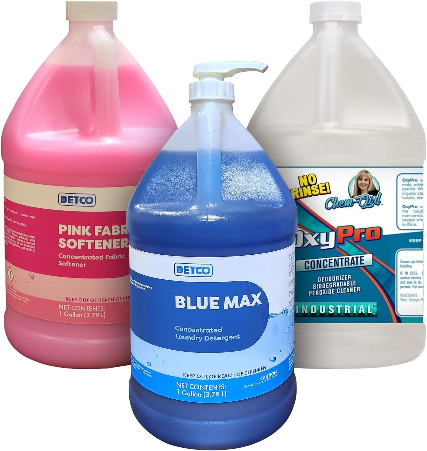 Laundry Deep Cleaning Bundle 3-Pack – 1 Gallon Each of Blue Max Industrial-Strength Detergent, Detco Pink Fabric Softener Concentrate, & OxyPro Concentrated Multi-Purpose Commercial Cleaner