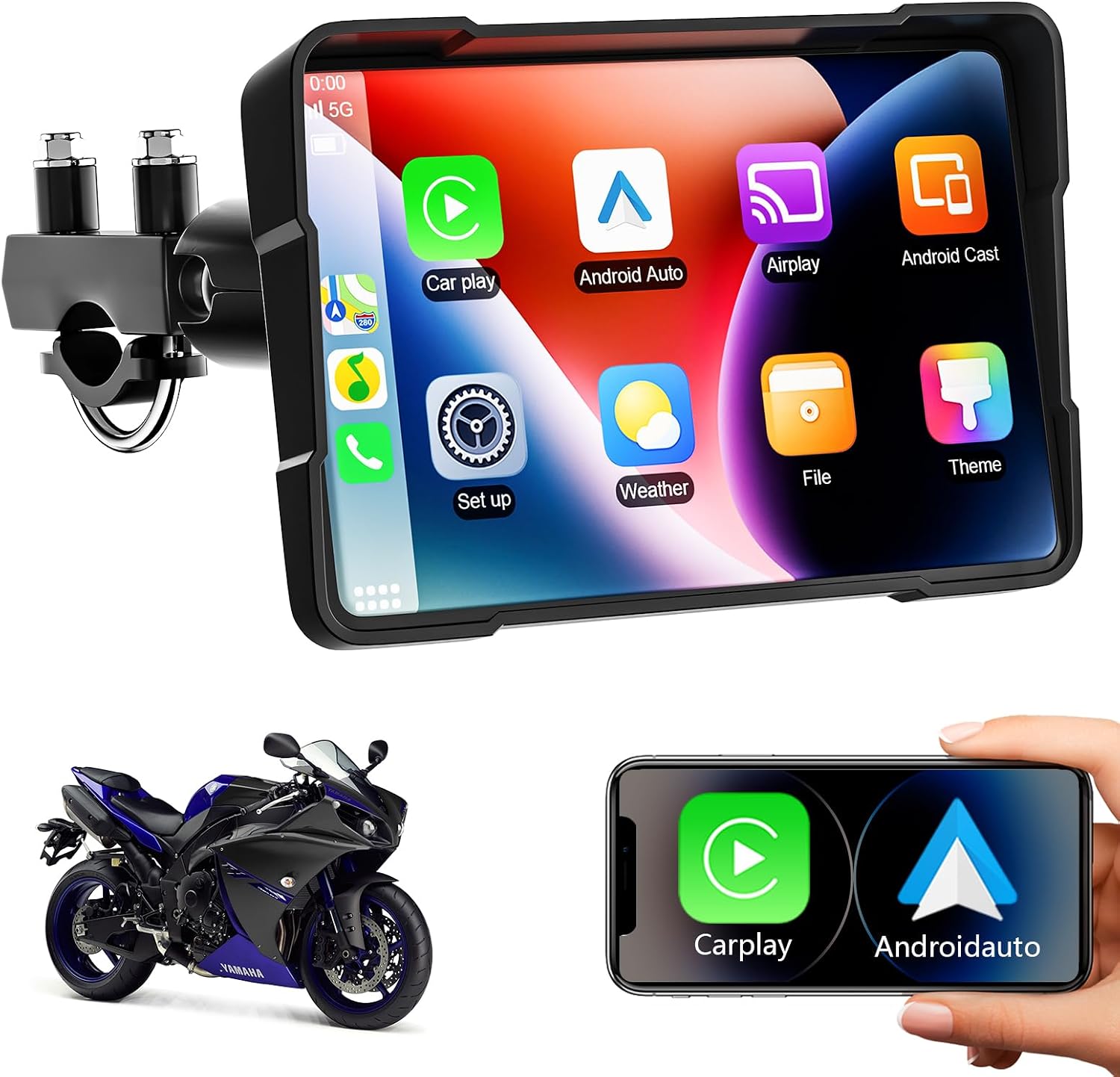 Portable Motorcycle CarPlay Screen, Motorcycle GPS Navigation System with Carplay and Android Auto, Dual Bluetooth, IP67 Waterproof, Bluetooth, Voice Control, Navigation