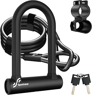Sportneer Bike Lock: Heavy Duty Anti Theft Bike U Lock with 5ft Security Steel Cable - 17mm Shackle Bicycle U-Locks with Keys & Sturdy Mounting Bracket for Road, Mountain, Electric & Folding Bike