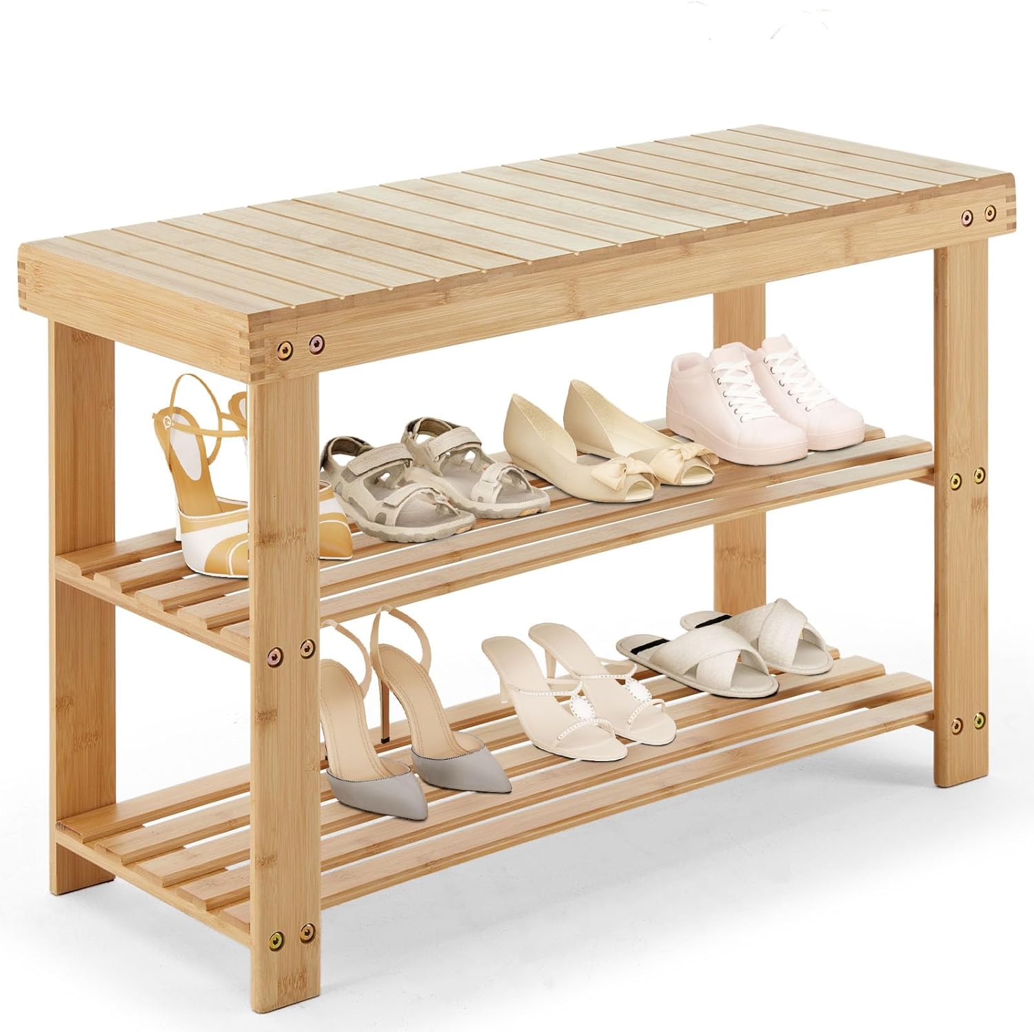 DUMOS Shoe Rack Bench, 3-Tier Bamboo Entryway Benches, Holds Up to 286 lb Storage Organizer, 11.22 x 27.6 x 18 Inches, Suitable for Bedroom Living Room Balcony, Classical Wood
