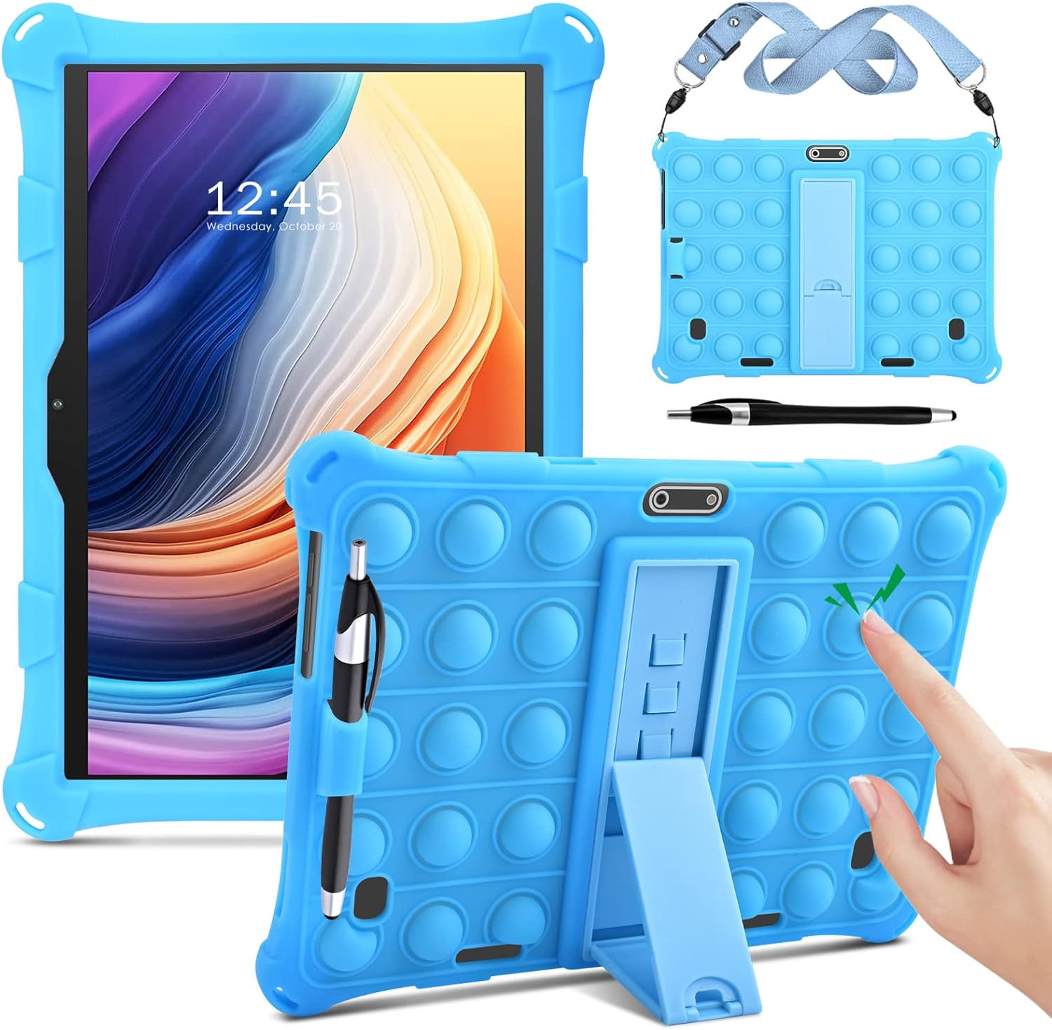 DETUOSI Silicone Case Compatible with Dragon Touch Notepad K10, 10 inch Universal Tablet Case, Multi-Angle Protective Cover for ZONKO K105 10 inch, Winsing 10 with Strap & Stylus Pen, Blue