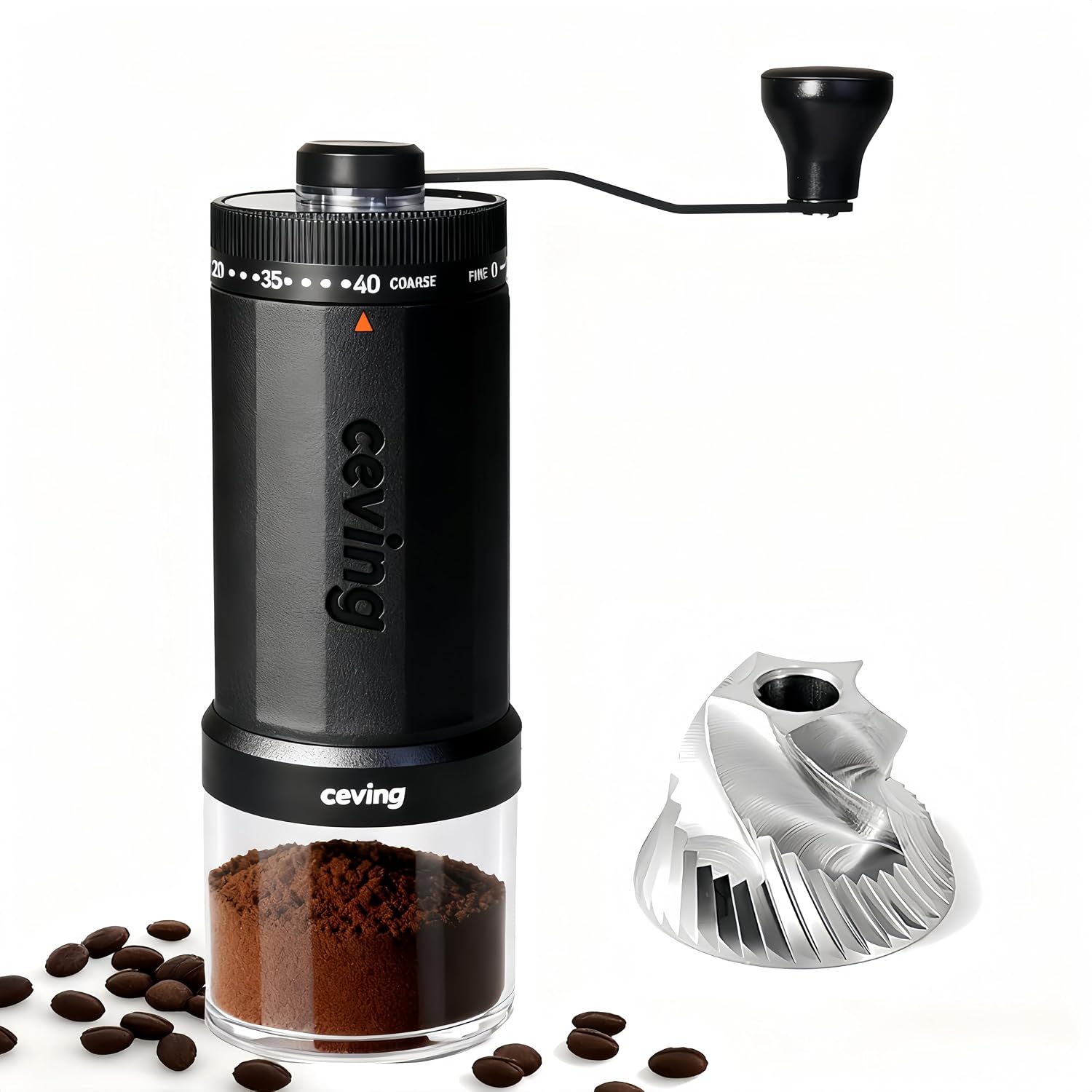 CEVING World's First 60g Large Capacity Manual Coffee Grinder, Black | 40 External Settings, Portable Hand Coffee Bean Mill with Stainless Steel Conical Burr for Travel, Camping, Pour Over & Gift