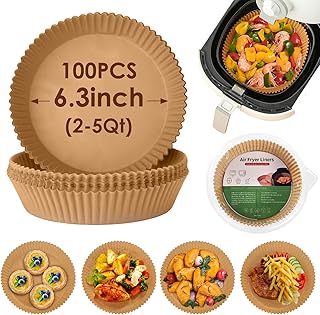 Air Fryer Disposable Paper Liner, 100Pcs Air Fryer Airfryer Parchment Paper Liners Round, Non-stick Grease Proof Bakery Baking Paper for Air Fryer Basket Roasting, Oil-proof, Food Grade (6.3 Inch)