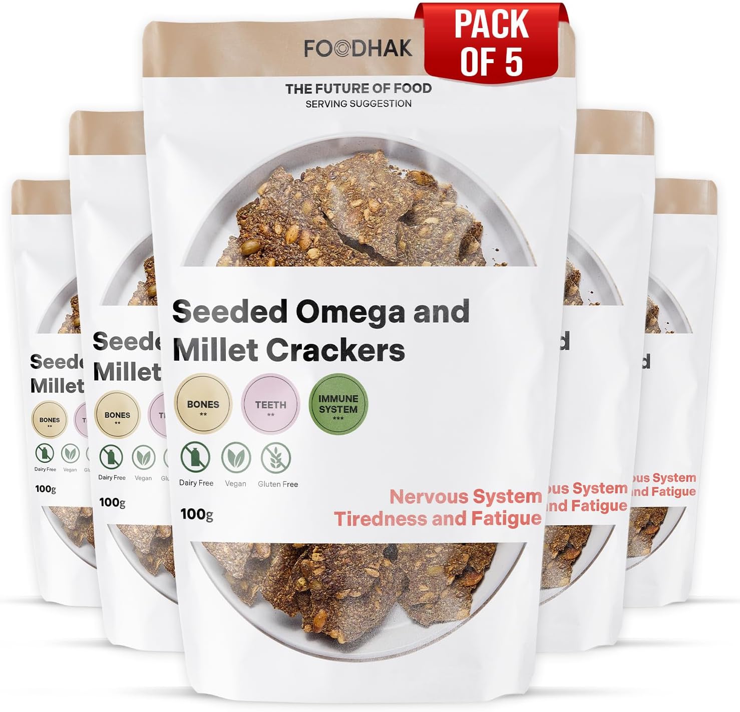 FOODHAK Seeded Omega & Millet Gluten Free Crackers Pack of 5 (5 x 100g) - Source of Fibre Crackers, Crisp Savoury Seasoned with Oregano with Chia seeds, Sunflower & Pumpkin Seeds, Perfect for Health.
