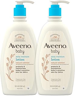 Aveeno Baby Daily Moisture Body Lotion for Sensitive Skin, Hypoallergenic Moisturizing Baby Lotion with Nourishing Oat to Deeply Moisturize Baby's Skin, Fragrance-Free, 18 fl. oz, 2 Pack
