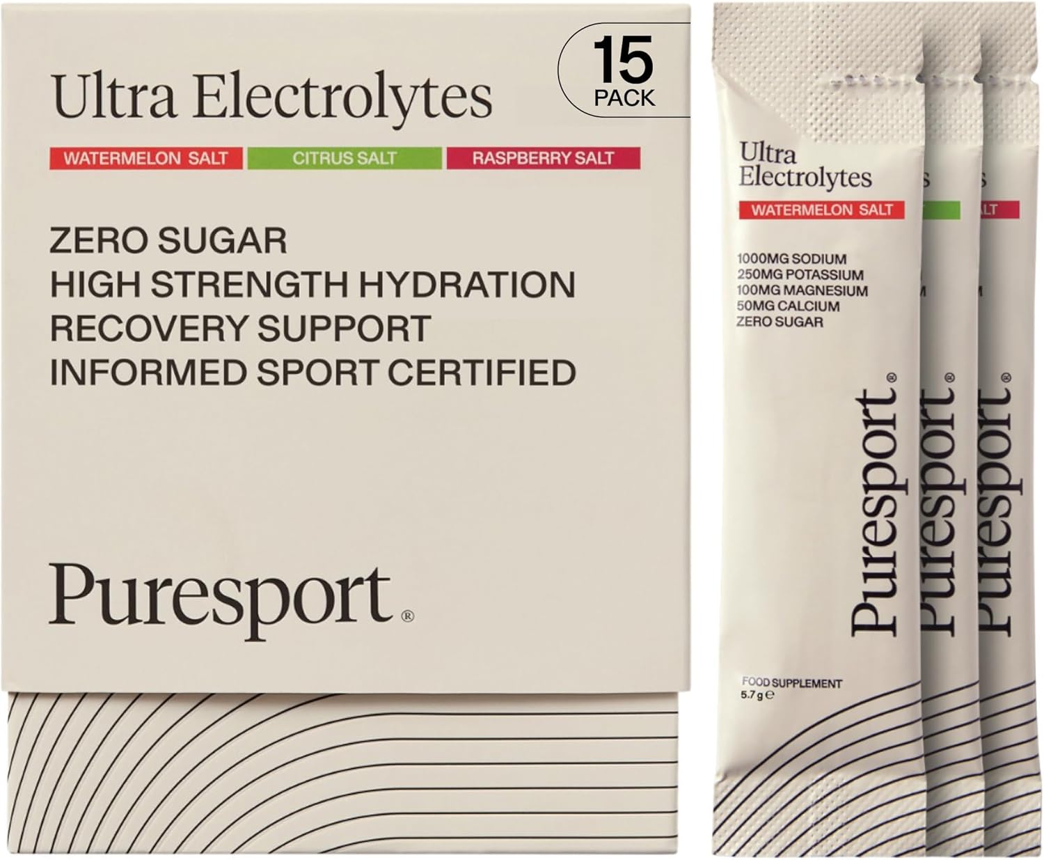 Puresport Ultra Electrolytes Hydration Variety Pack (15 Pack) | Watermelon, Citrus & Raspberry Salt/5 Electrolyte Sachets of Each | Sugar Free Electrolytes Powder | Optimise Hydration/Support Muscles