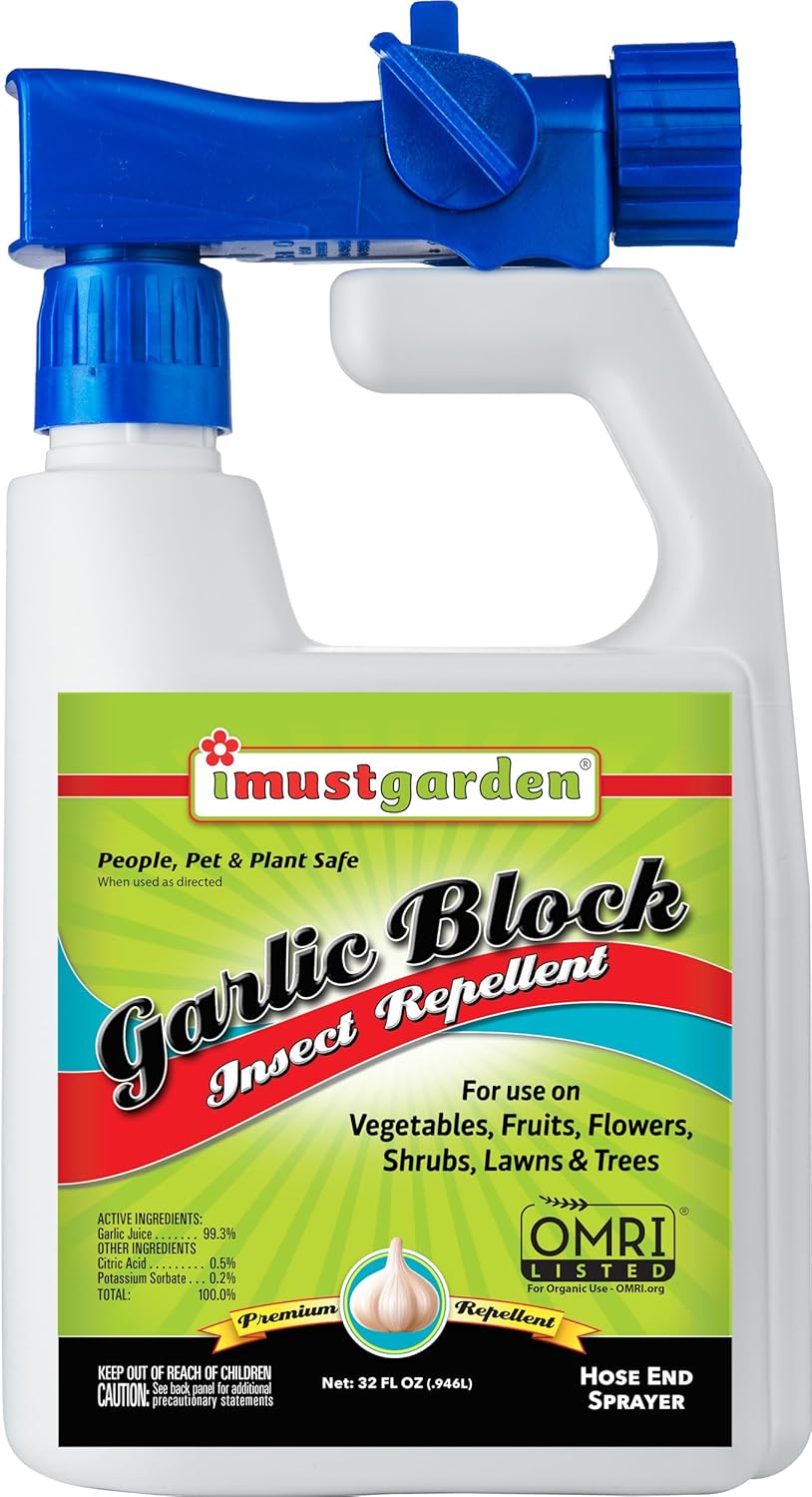 Garlic Block Insect Repellent – Ready to Spray Concentrate: No Mixing or Measuring – OMRI Listed for Organic Gardening - Creates a Garlic Barrier to Protect Vegetables, Fruits & Flowers: 32oz Hose-end