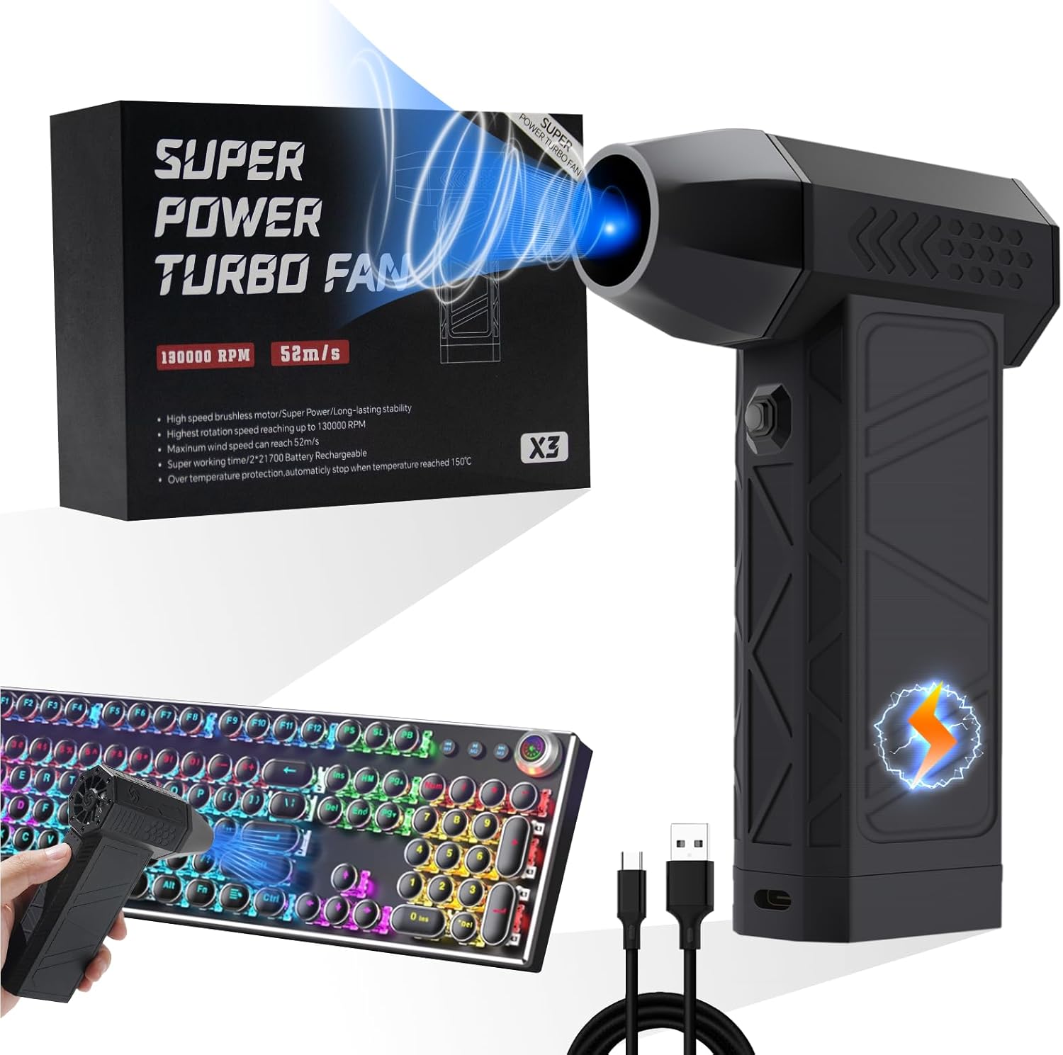 Compressed Air Duster,Electric Air Duster with 4 Adjustable Speeds, Mini Turbo Fan,Jet Dry Blower Suitable for Dust, Snow Cleaning, Outdoor Blowing