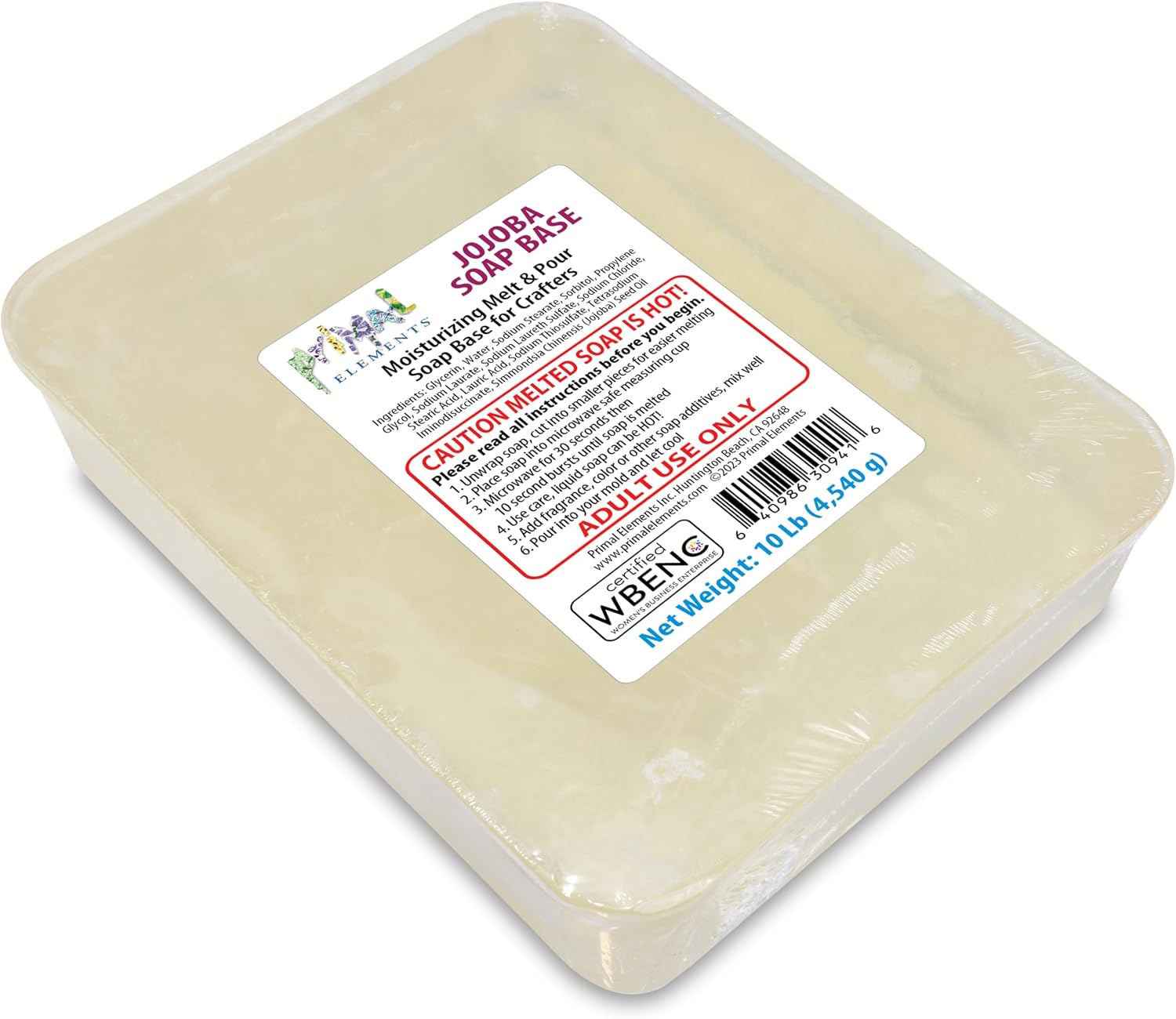 Primal Elements Jojoba Oil Soap Base - Moisturizing Melt and Pour Glycerin Soap Base for Crafting and Soap Making, Easy to Cut - 10 Pound