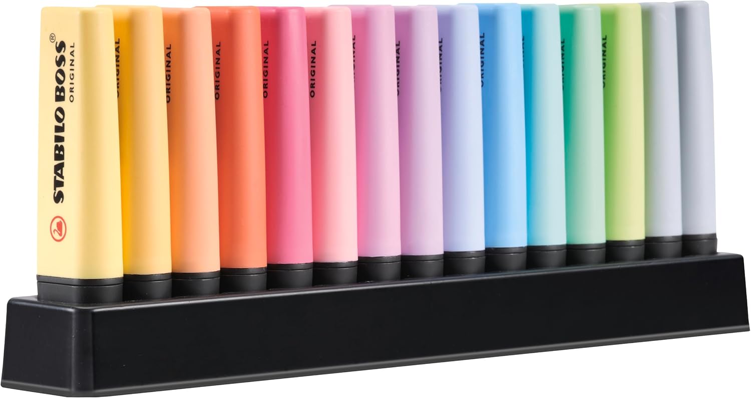 STABILO Highlighter BOSS ORIGINAL Pastel - Deskset of 15 - Assorted Colors Chisel Tip, Anti-Dry Out Technology