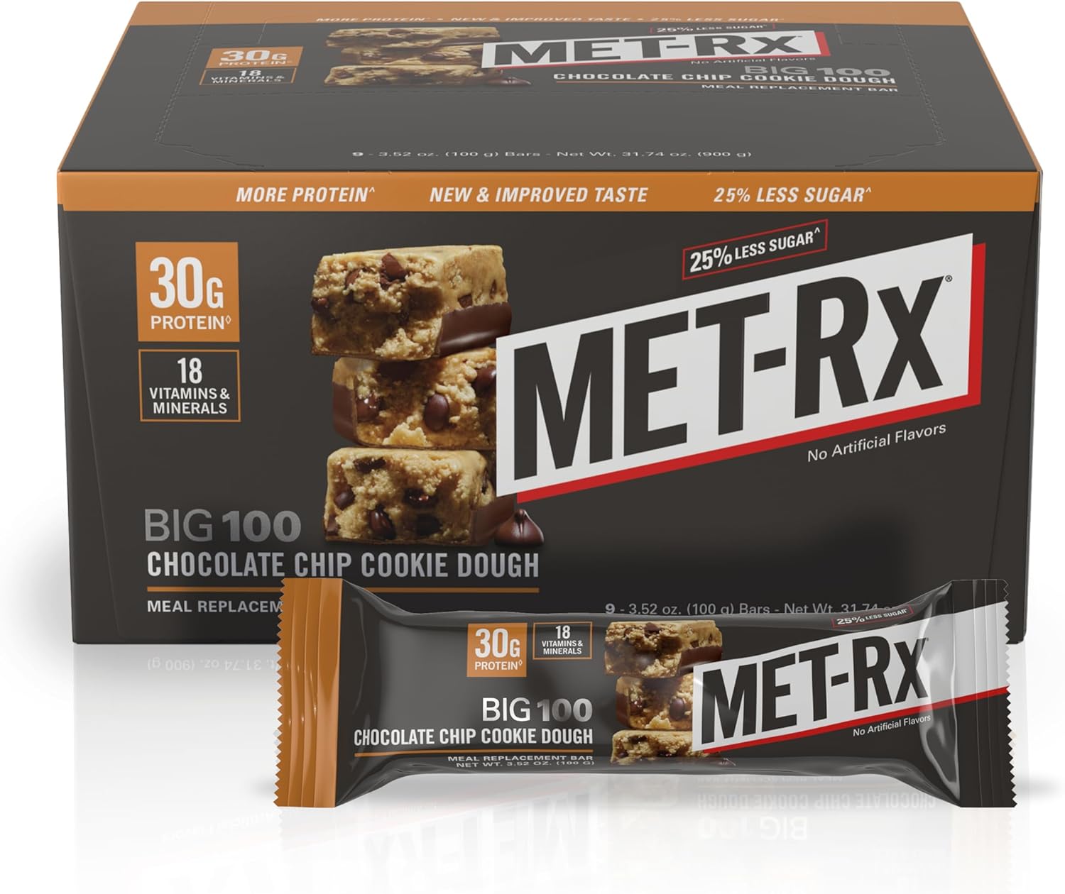 MET-Rx Big 100 Colossal Protein Bars, Chocolate Chip Cookie Dough Meal Replacement Bars, 9 Count (Pack of 1)