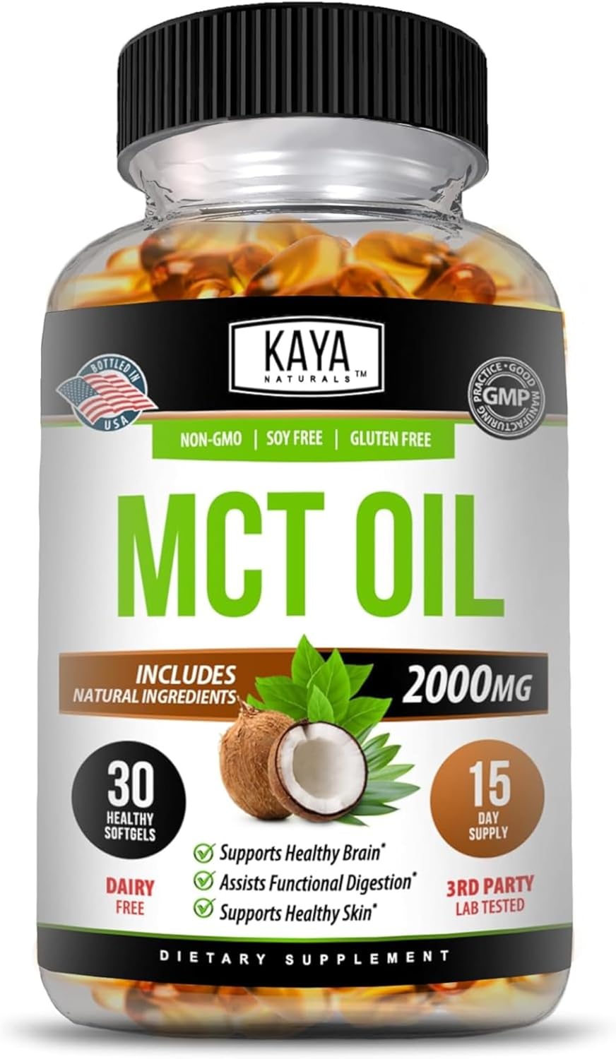 Kaya Naturals MCT Oil 2000mg - Non-GMO, Soy-Free, Gluten-Free - Brain, Digestive & Skin Health - 30 Softgels