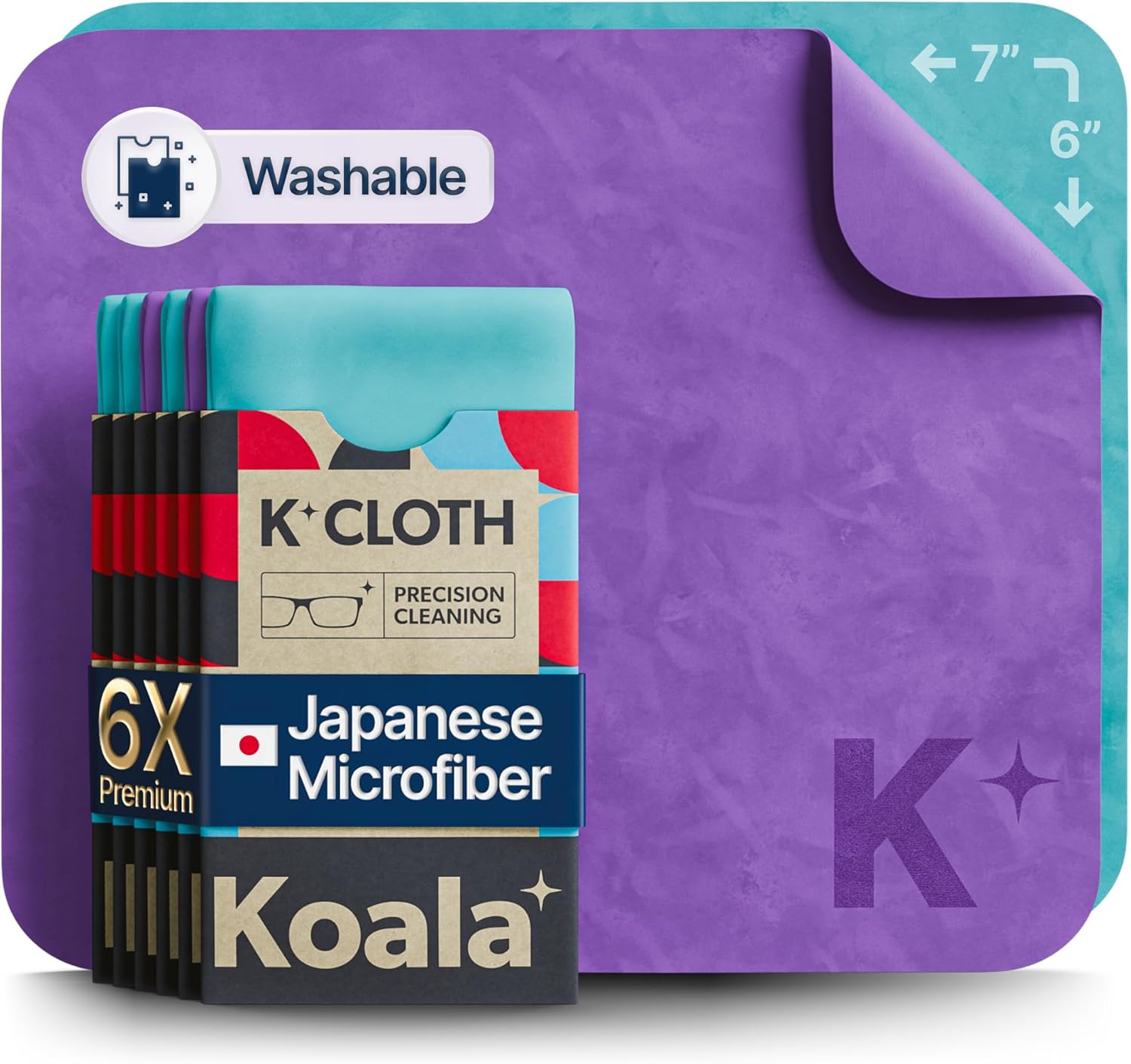 Koala Lens Cleaning Cloth | Japanese Microfiber | Glasses Cleaning Cloths | Eyeglass Lens Cleaner | Eyeglasses, Camera Lens, VR/AR Headset, and Screen Cleaning | Blue & Purple (Pack of 6)