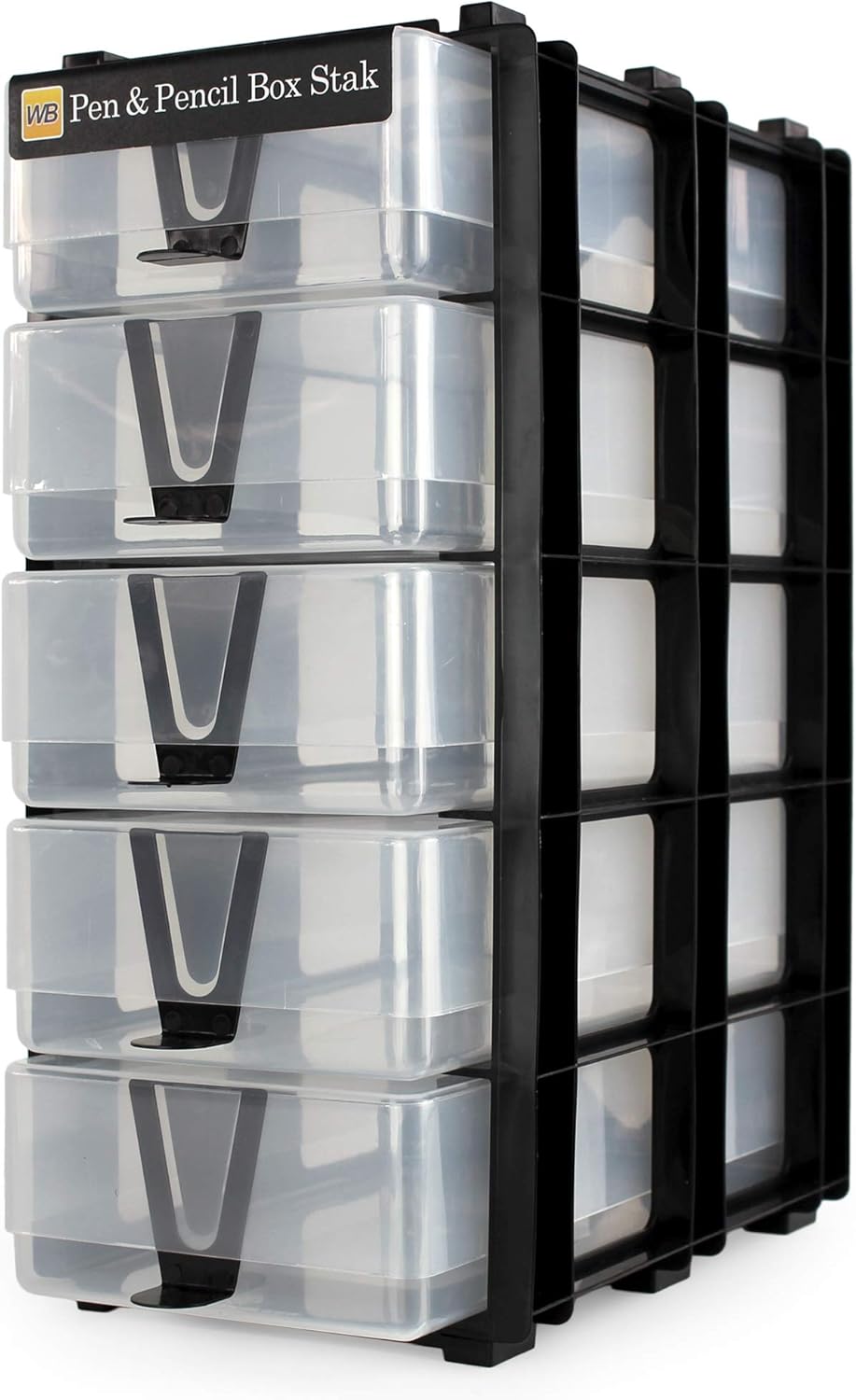 WestonBoxes Box Stak Storage Unit Including 5 Pen & Pencil Storage Boxes for Stationery and Office Supplies (Transparent, Pack of 1)