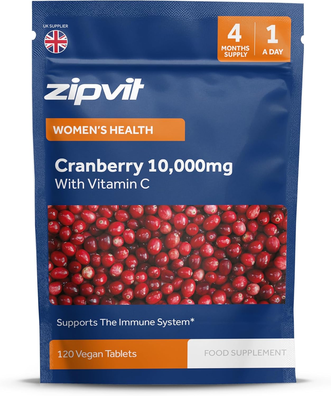 Zipvit Cranberry Tablets 10,000mg with Vitamin C, High Strength Cranberry Extract, 120 Vegan Tablets for Immune Support, 4 Month Supply, Supplement for Men & Women