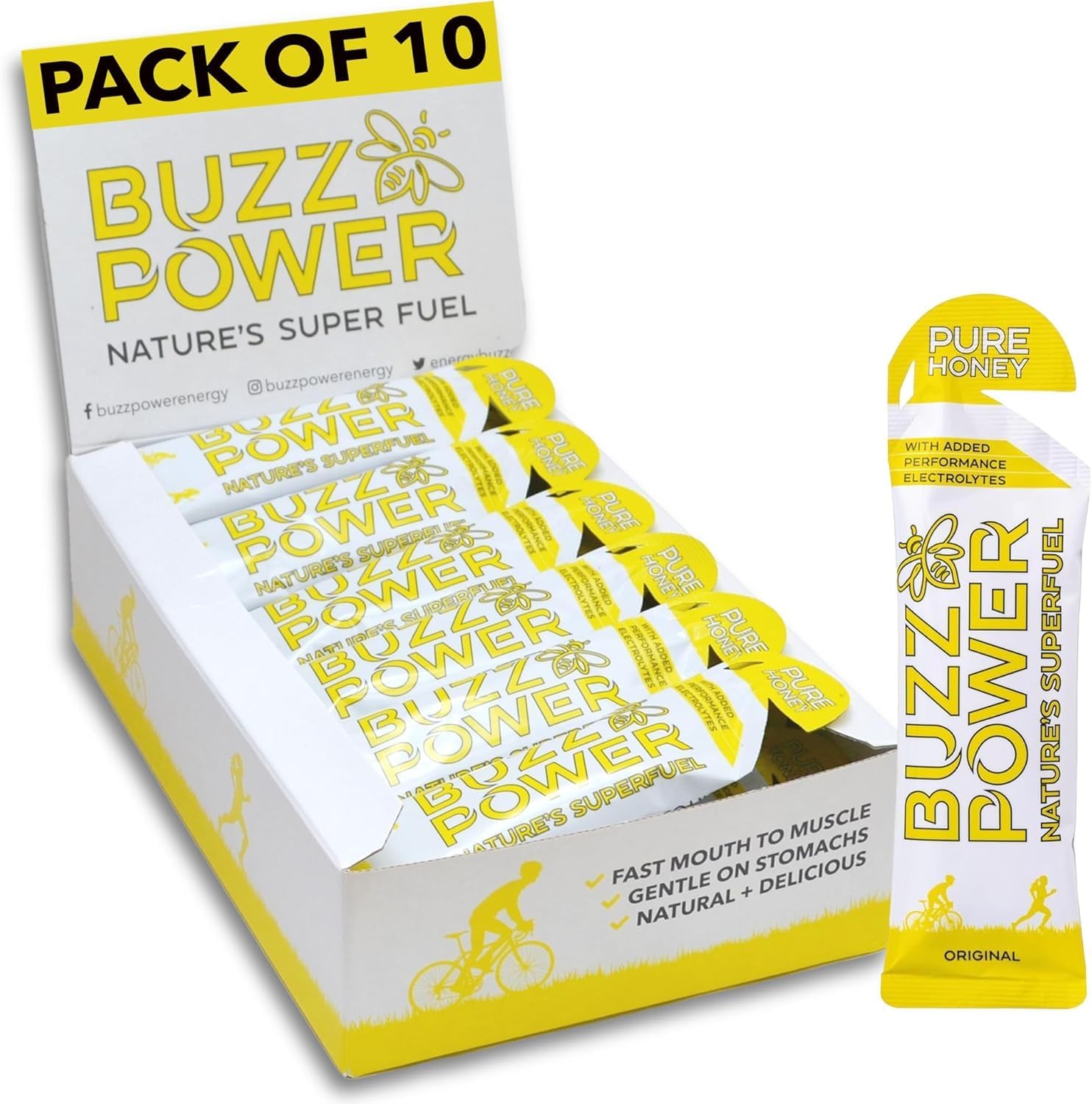 Honey Energy Gels for Running with 25g Carbohydrate (10 Pack) - Natural Running Gels with Performance Electrolytes, Glucose & Fructose for Endurance Athletes and Outdoor Activities