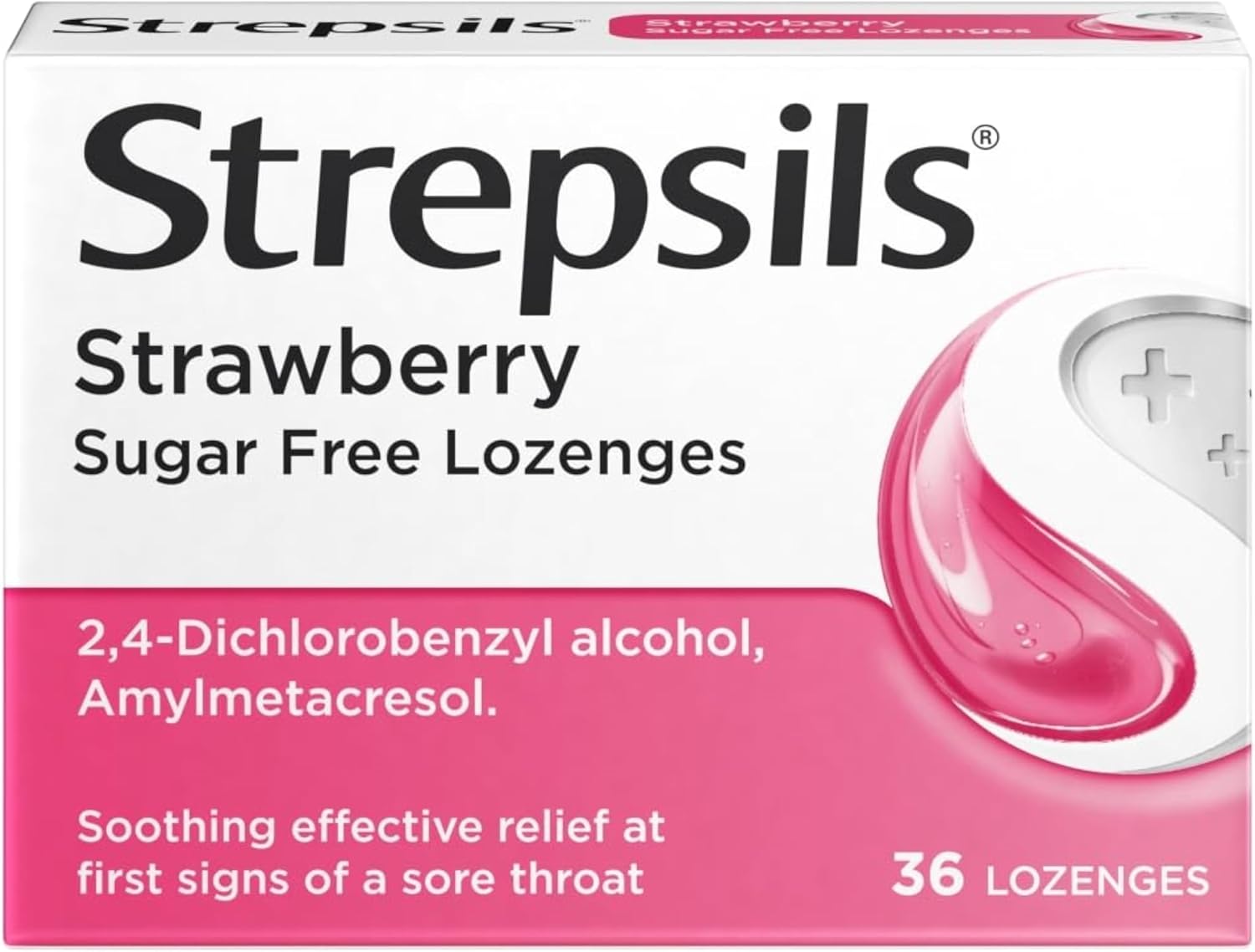 Strepsils Strawberry Lozenges, 36 Count - Fast-Acting Sore Throat Relief, Germ-Fighting, Pain-Relieving, Works in 5 Minutes