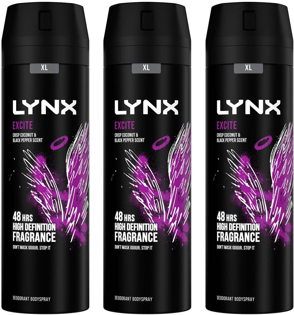 Lynx XL Body Spray 48-Hours High Definition Men's Fragrance Protect from Sweat and Odour with the Unique Scent Masculine Deodorant Spray for Men, 200ml (Excite, Buy 3)