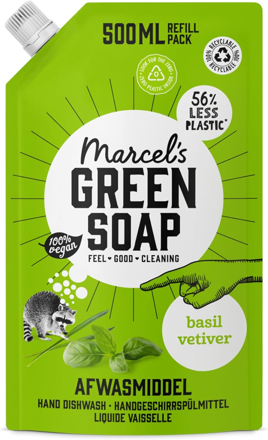 Marcel's Green Soap Washing-up Liquid Refill - Basil & Vetiver - Dishwashing Liquid - Saves 56% of plastic - Eco friendly - Vegan - 97% Biodegradable - 500 ML