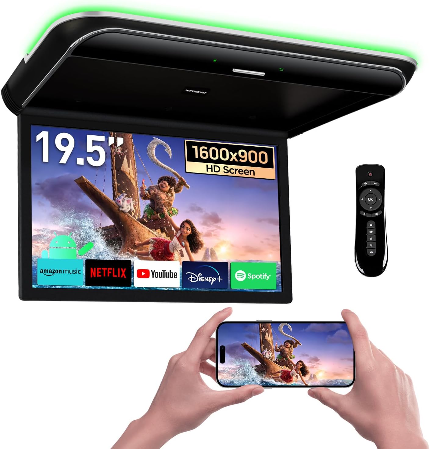 XTRONS Android Car Overhead Player 19.5 Inch Octa Core Car Roof Mount Monitor Wide IPS Screen 8K Video Built-in Stereo Speakers Flip Down Overhead Car Monitor Support 4G WiFi HDMI Input USB RCA Input