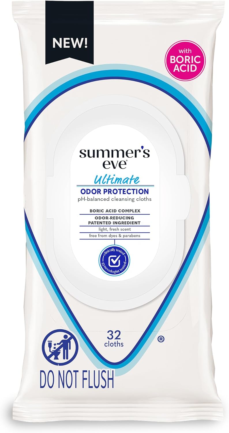 Summer’s Eve, Ultimate Odor Control, Daily Feminine Wipes with Boric Acid, Resealable Softpack of Body Wipes with pH Balance, 32 Ct