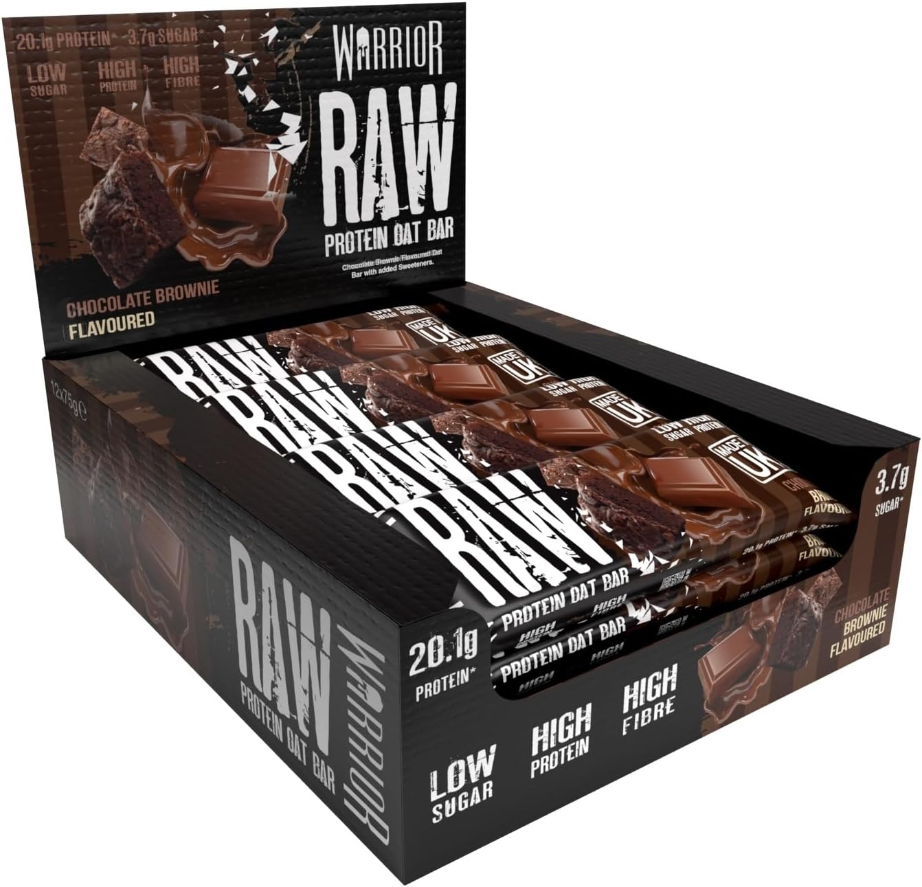 Warrior Raw Protein Bars – 12 x 75g Oat Bar Flapjacks – High Fibre, Low Sugar – Ideal Meal Replacement or Healthy Nutrition Energy Snacks – HFSS / GMP Certified – UK Made (Chocolate Brownie)