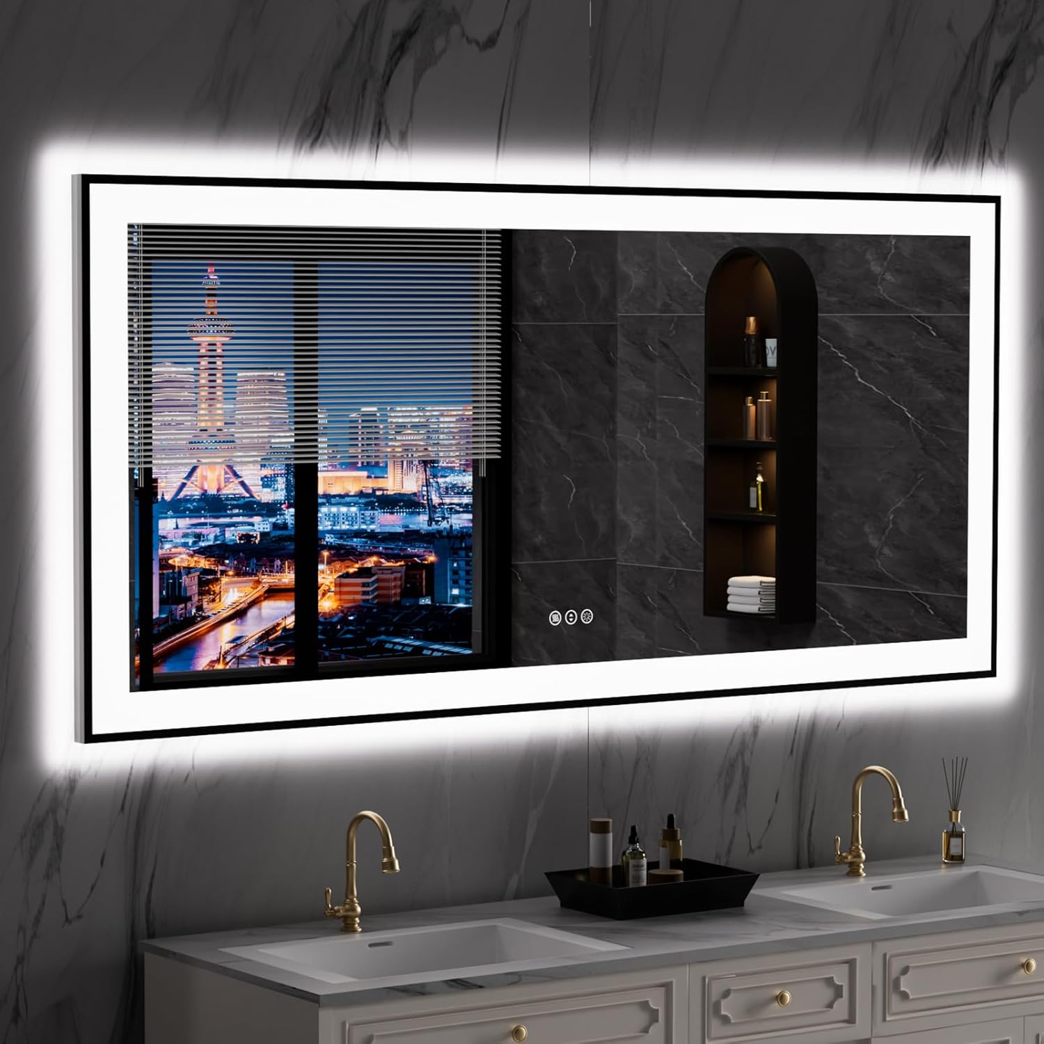 LOAAO 60"X28" LED Bathroom Mirror Black Framed, Anti-Fog, Dimmable, Lighted Bathroom Vanity Mirror for Wall, Memory Function, Tempered Glass