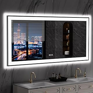 LOAAO 60"X28" LED Bathroom Mirror Black Framed, Anti-Fog, Dimmable, Lighted Bathroom Vanity Mirror for Wall, Memory Function, Tempered Glass