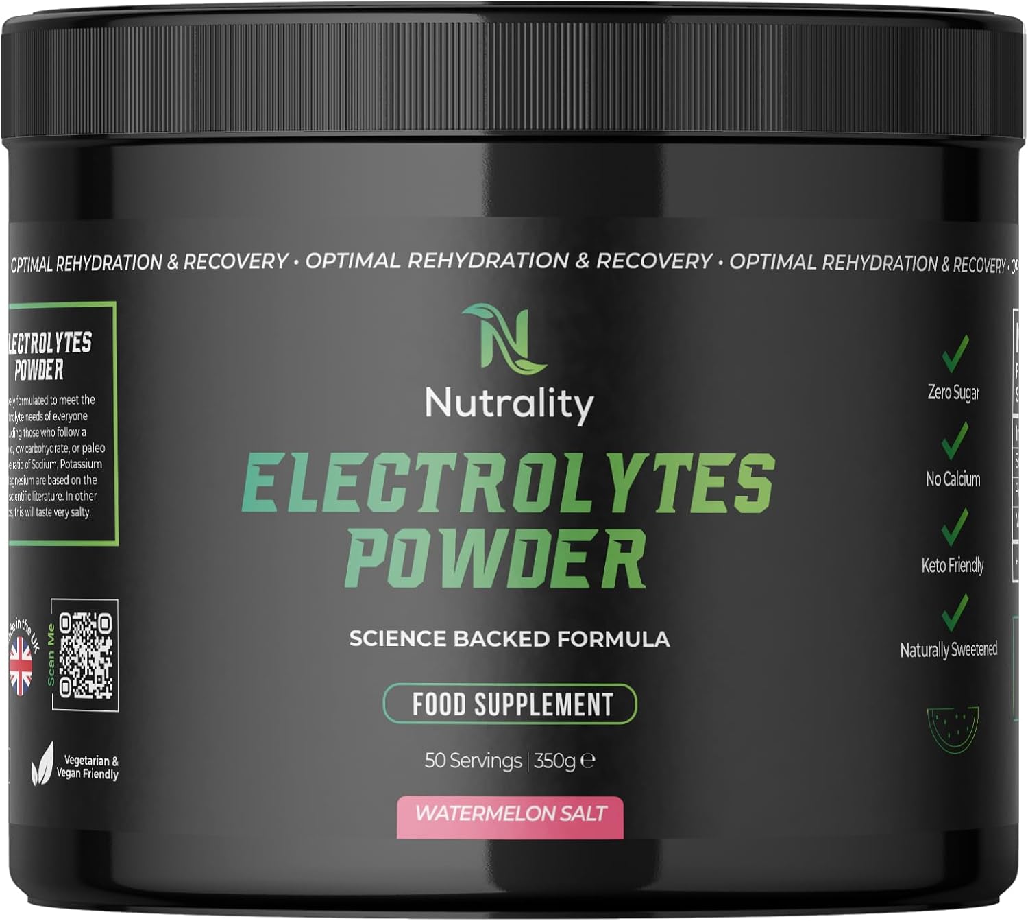 Nutrality Electrolytes Powder 350g | Vegan | Sugar, Calcium & Artificial Flavour Free | Keto Electrolytes, Paleo Hydration | 1000mg Sodium, 200mg Potassium & 60mg Magnesium | 50 Servings | Watermelon
