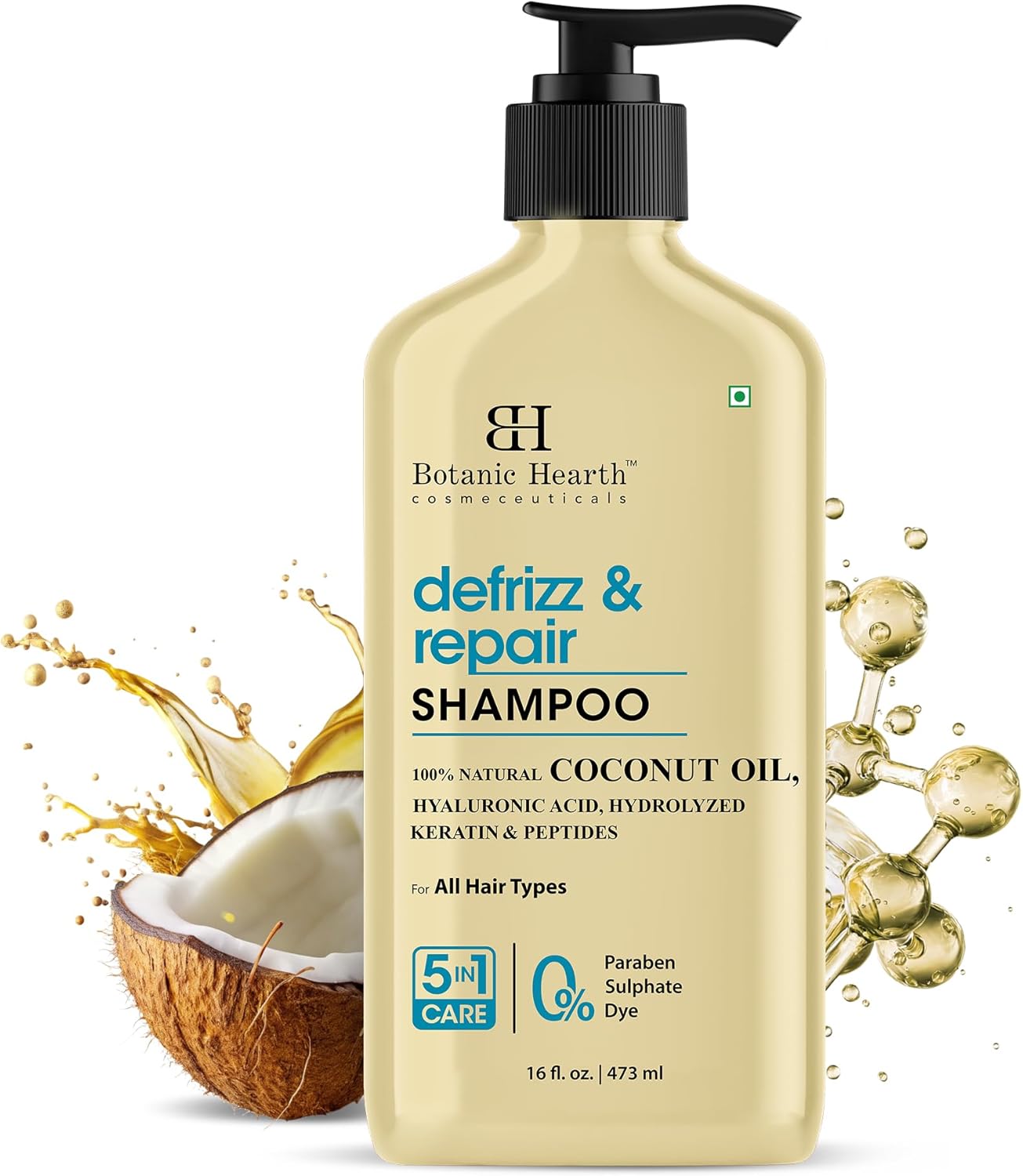 Botanic Hearth Defrizz & Repair Shampoo 16 fl. oz | 100% Natural Coconut Oil, Hyaluronic Acid, Hydrolyzed Keratin & Peptides | Frizz Control & Strengthening | Paraben & Sulfate-Free