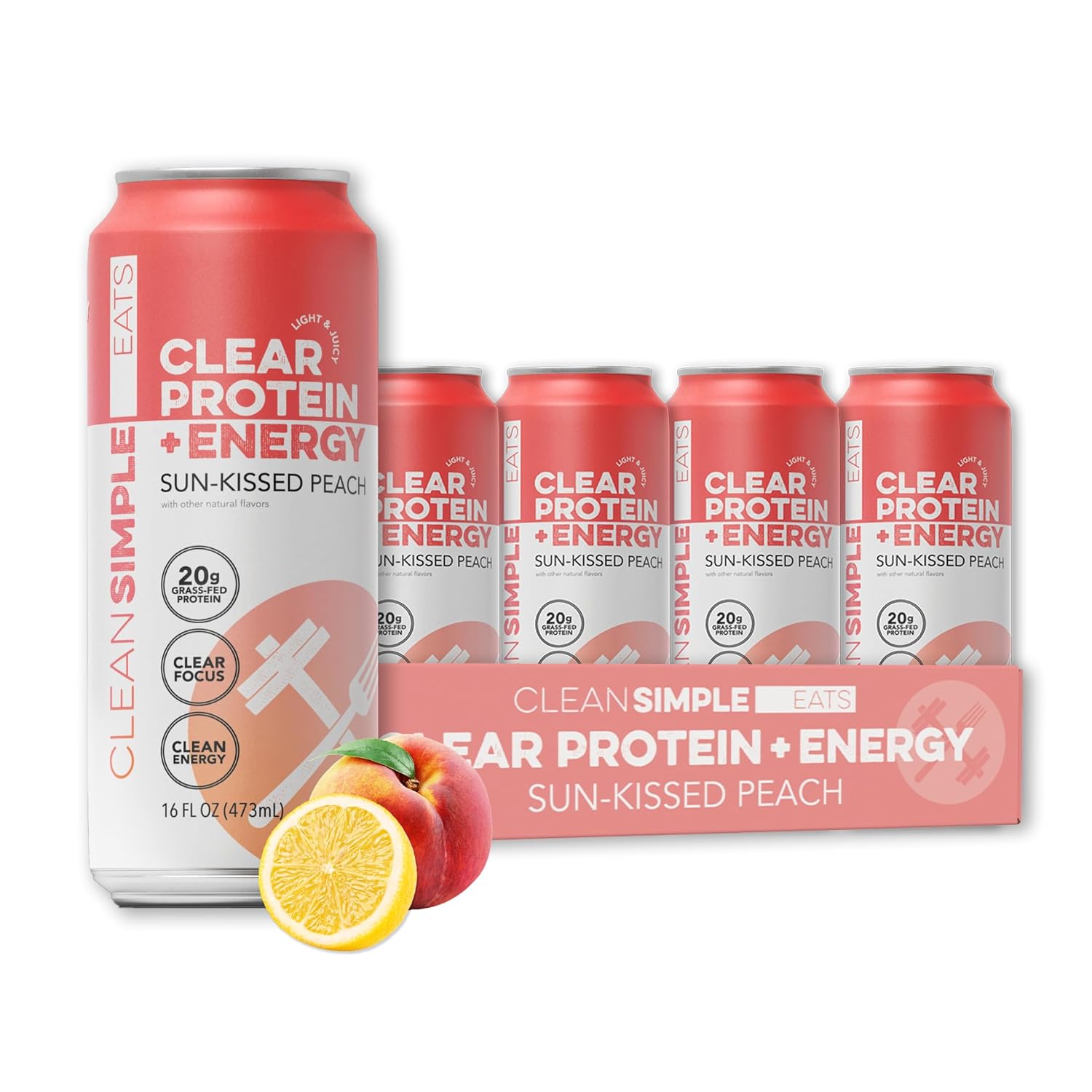 Clean Simple Eats Clear Protein + Energy Drink, 20G Grass Fed Whey Protein Isolate, 100MG Natural Caffeine, L Theanine & Cognatiq, No Artificial Ingredients, Sun-Kissed Peach Flavor, 16 Oz Cans, 12 Pk
