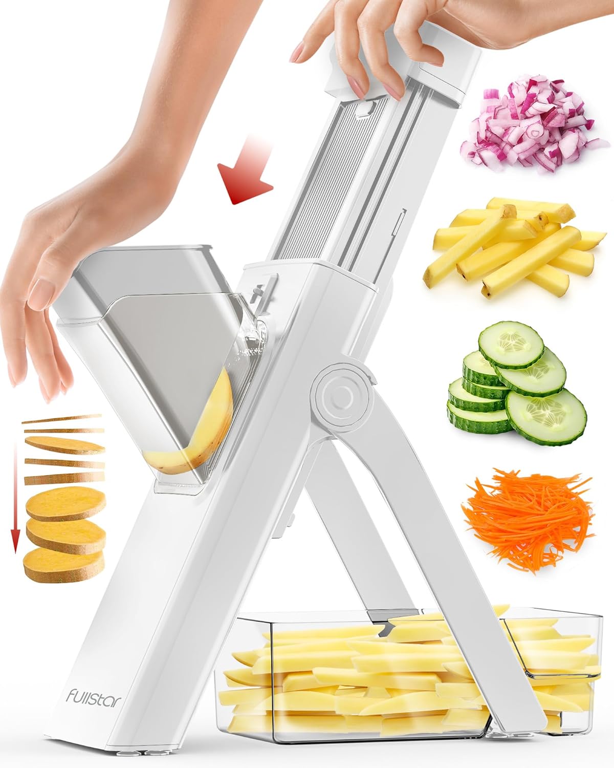 Fullstar Safer Mandoline Slicer for Kitchen, Cucumber Slicer, Potato, Julienne Vegetable & Food Chopper (4 in 1, Solid White)