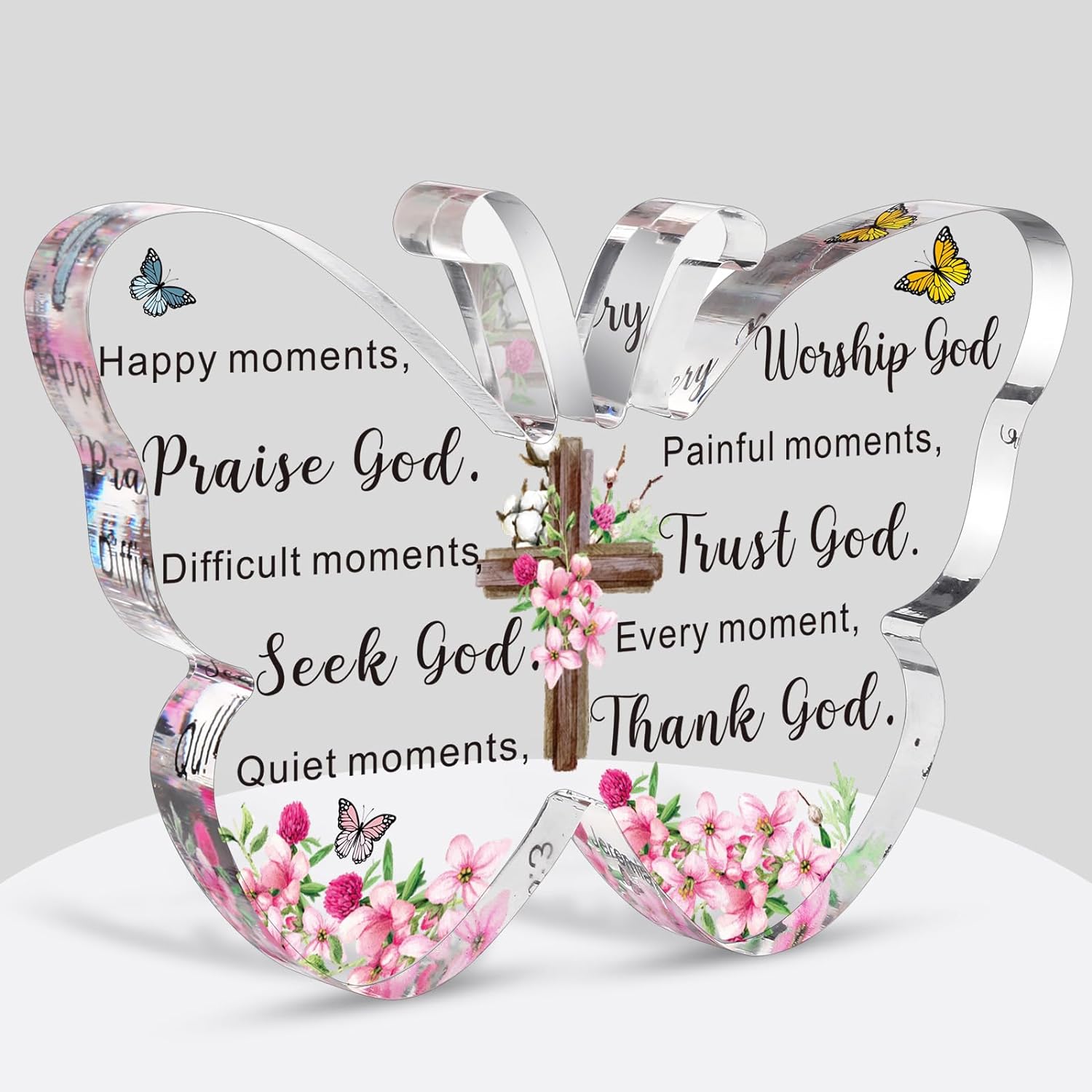 Barydat Acrylic Christian Gifts Bible Verses Religious Gifts for Women Men Inspirational Scripture Butterfly Prayer Room Decor Faith Keepsake Paperweights for Christmas Home (Praise God)