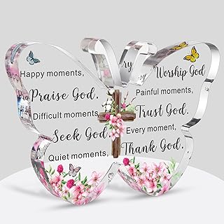 Barydat Acrylic Christian Gifts Bible Verses Religious Gifts for Women Men Inspirational Scripture Butterfly Prayer Room Decor Faith Keepsake Paperweights for Christmas Home (Praise God)
