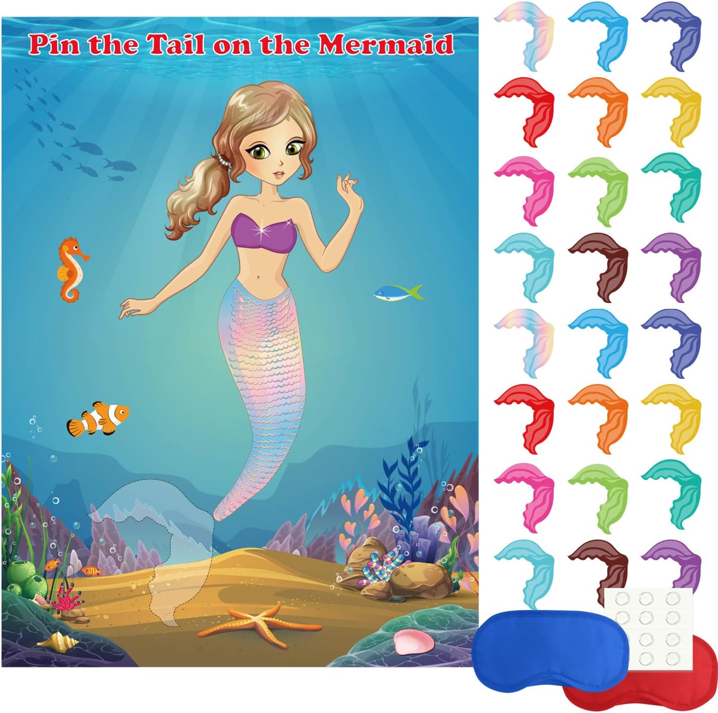 FEPITO Mermaid Party Supplies Pin the Tail on the Mermaid Party Game with 24Pcs Tail Stickers for Mermaid Party Favors, Kids Birthday Party