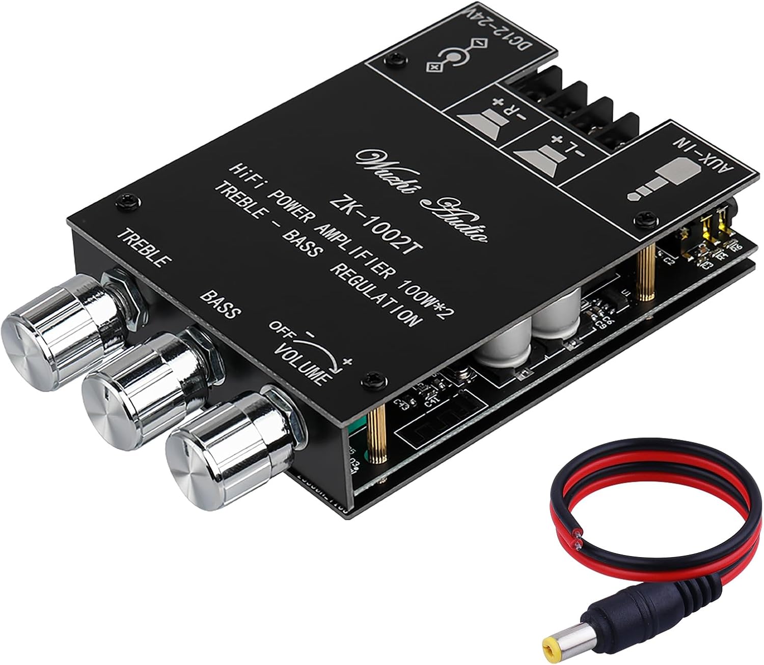 ZK-1002T 2.0 Channel Bluetooth 5.0 Amplifier Board 200W HiFi Subwoofer Audio AMP with Treble and Bass Control BT and AUX Inputs, DC 12-24V 2.0 Channel Stereo AMP Module for DIY Speakers