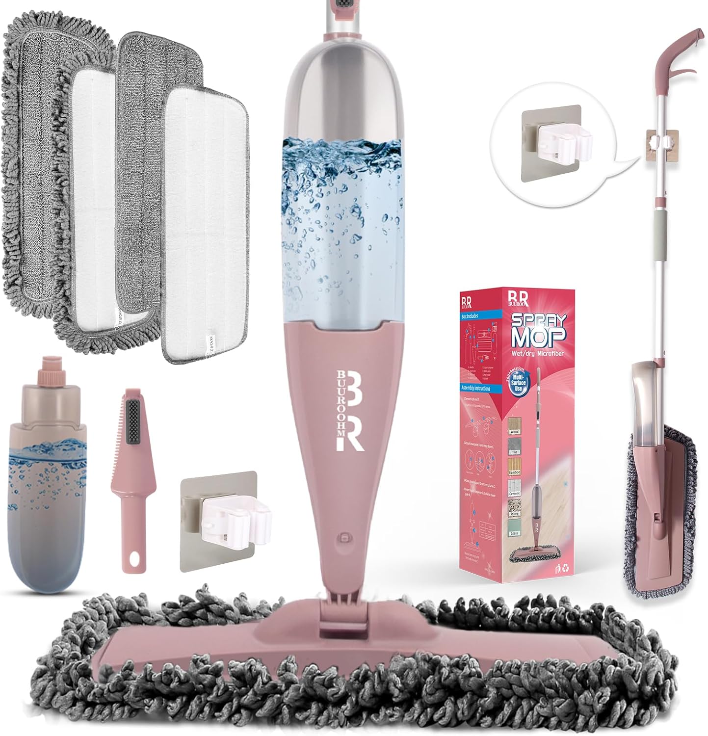 360° 3-in-1 Microfiber Spray Mop for Floor Cleaning Dry Wet Dust Mop for Hardwood, Laminate, Tile & Wood Floors Large Capacity Bottle 4 Reusable Pads Scraper Holder Kitchen Multi-Surface