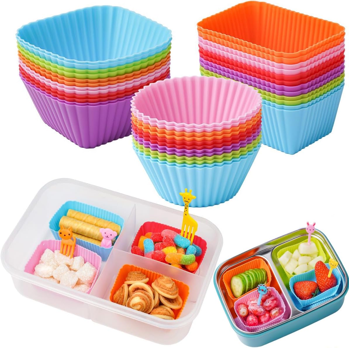 Silicone Cupcake Muffin Baking Cups Liners, 24 Pack Reusable Non-Stick Cake Molds Sets Bento Box