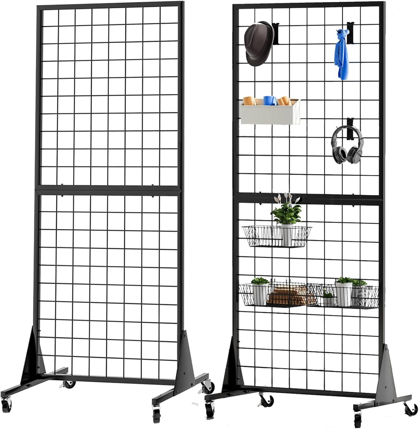 2-Pack 2'x5.5' Ft Gridwall Panel Display Stand Heavy Movable Floorstanding Grid Wall Panels Retail Display Rack Craft Show Wire Grid Wall with T-Base 2-Pack Black