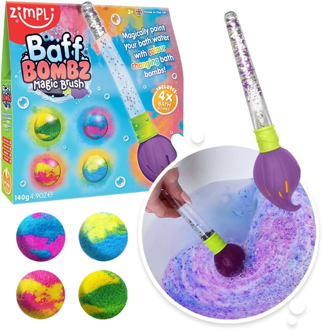 Baff Bombz Magic Brush from Zimpli Kids, 4 x Bath Bombs, Magically Paint your Bath Water, Pocket Money Creative Toy for Children, Birthday Gifts for Boys & Girls , Moisturising Fizzers