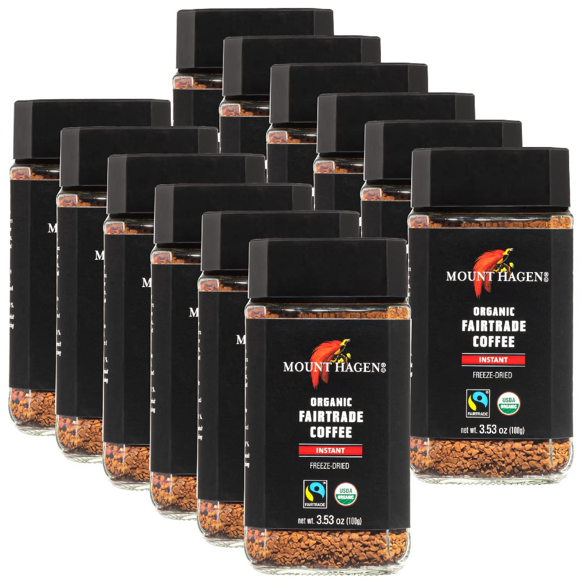 Mount Hagen 3.53oz Organic Freeze Dried Instant Coffee - 12 pack | Eco-friendly Coffee Made From Organic Medium Roast Arabica Beans | Fair-Trade Coffee Instant [12 x 3.53oz Jar]