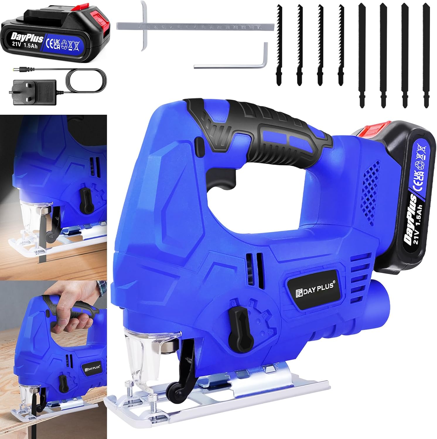 7Sevenjokers Cordless Jigsaw 21V with 1500mAh Battery and Charger, Upgraded Brushless Motor Electric Jigsaw Tool with 8pcs Blades, LED Light, 400W 3000 SPM Electric Jig Saw for Wood Metal Cutting