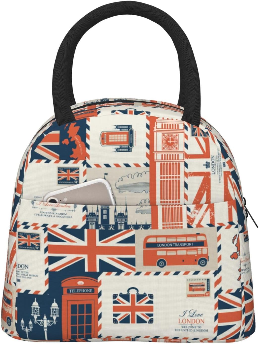 London Theme Envelopes Symbols Flag Retro Style Lunch Bag Box Meal Prep Insulated Handbag Reusable Lunch Container