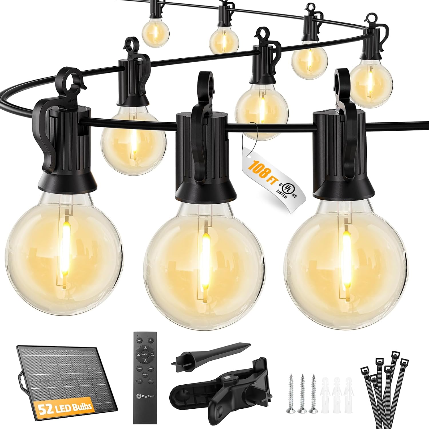 Brightown 108FT 52LED Solar String Lights Outdoor with Remote & USB Port