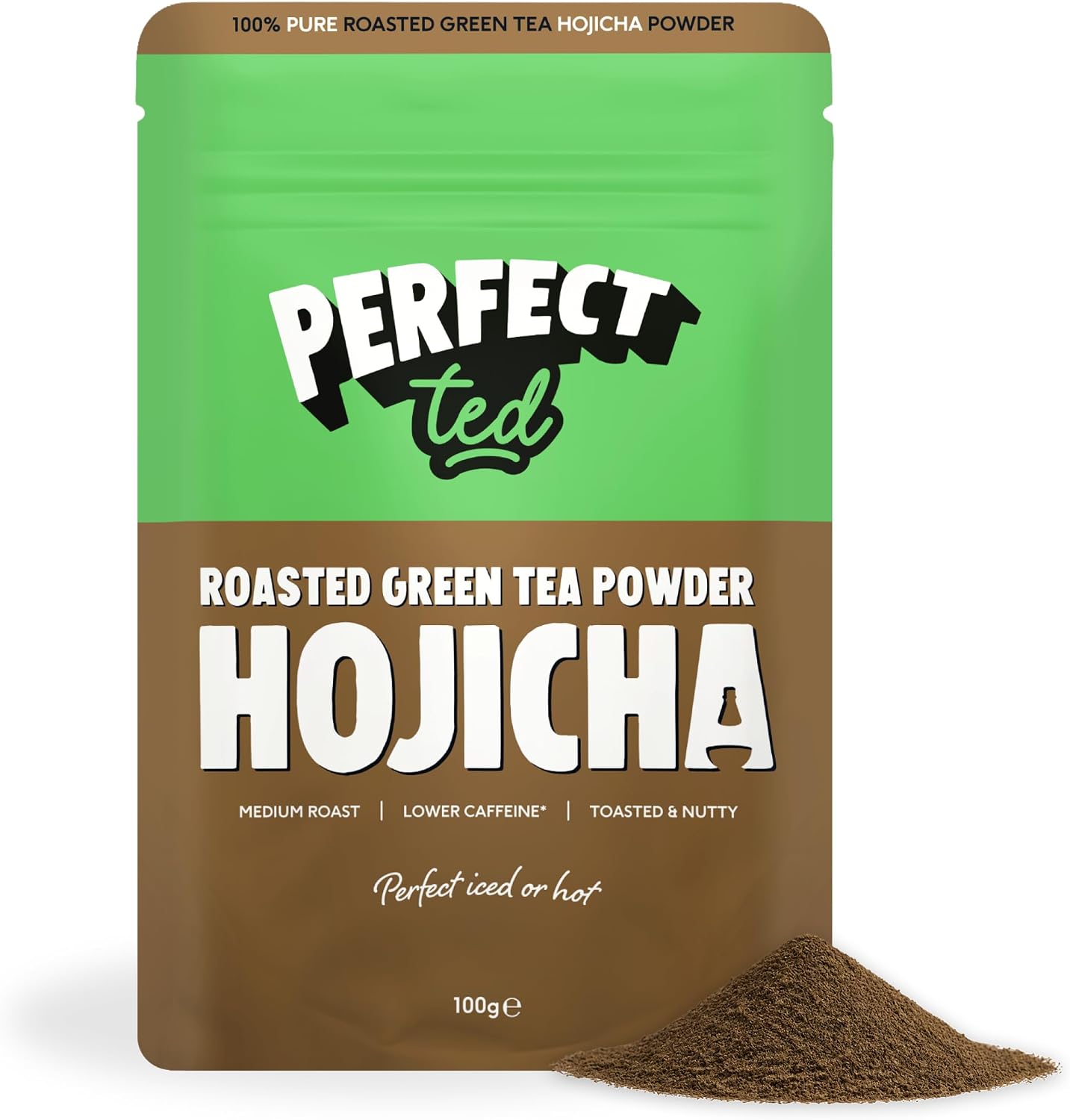 PerfectTed Hojicha Powder 100g | Japanese Roasted Green Tea Powder | Smooth & Nutty Low Caffeine Latte | 100 Servings | Vegan | Gluten-Free