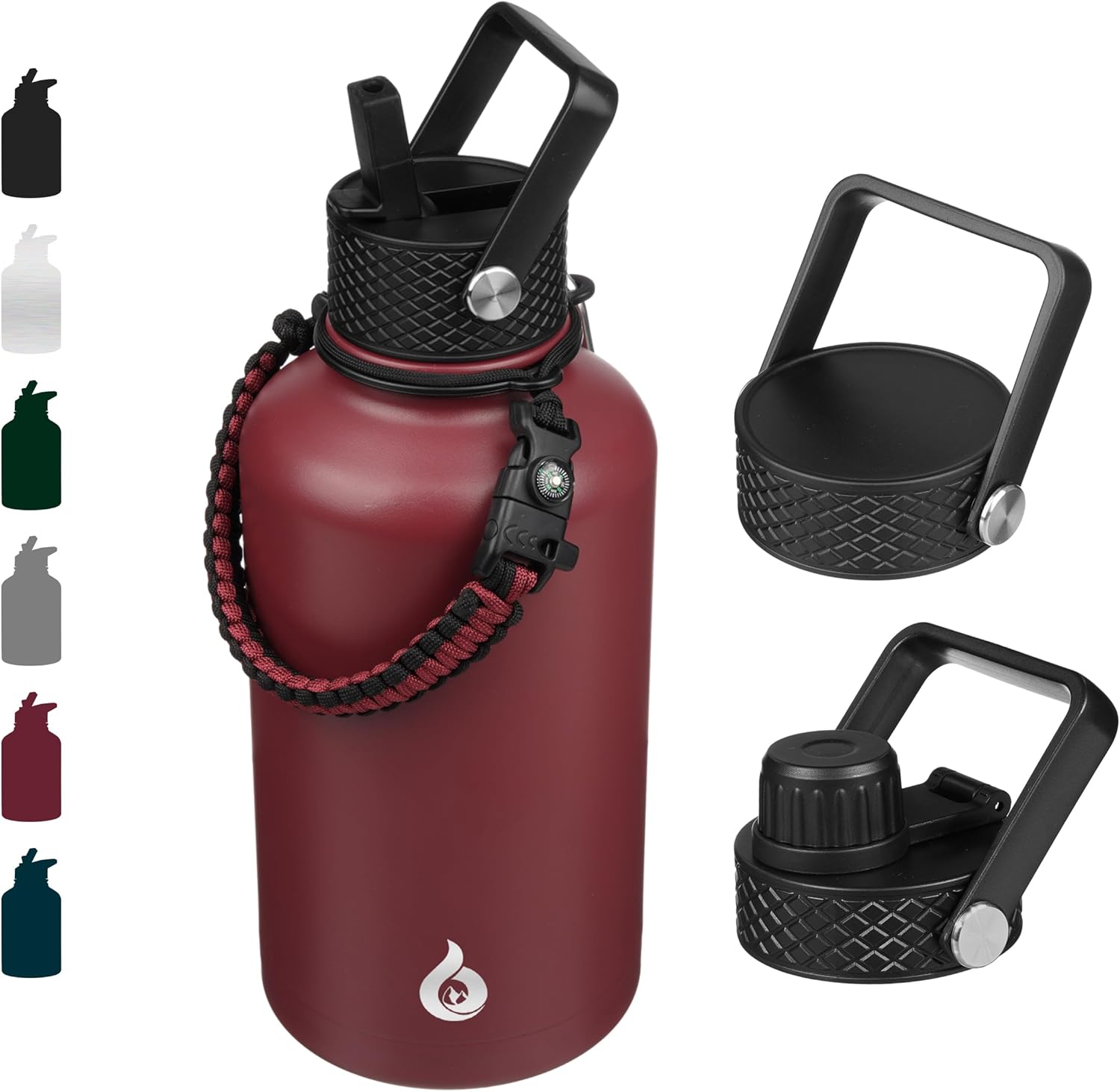 BJPKPK Half Gallon Insulated Water Bottles with Straw Lid, 64oz Large Water Jug, Stainless Steel Bottles with 3 Lids and Paracord Handle, Thermos for Hot & Cold Liquid, Brick Red
