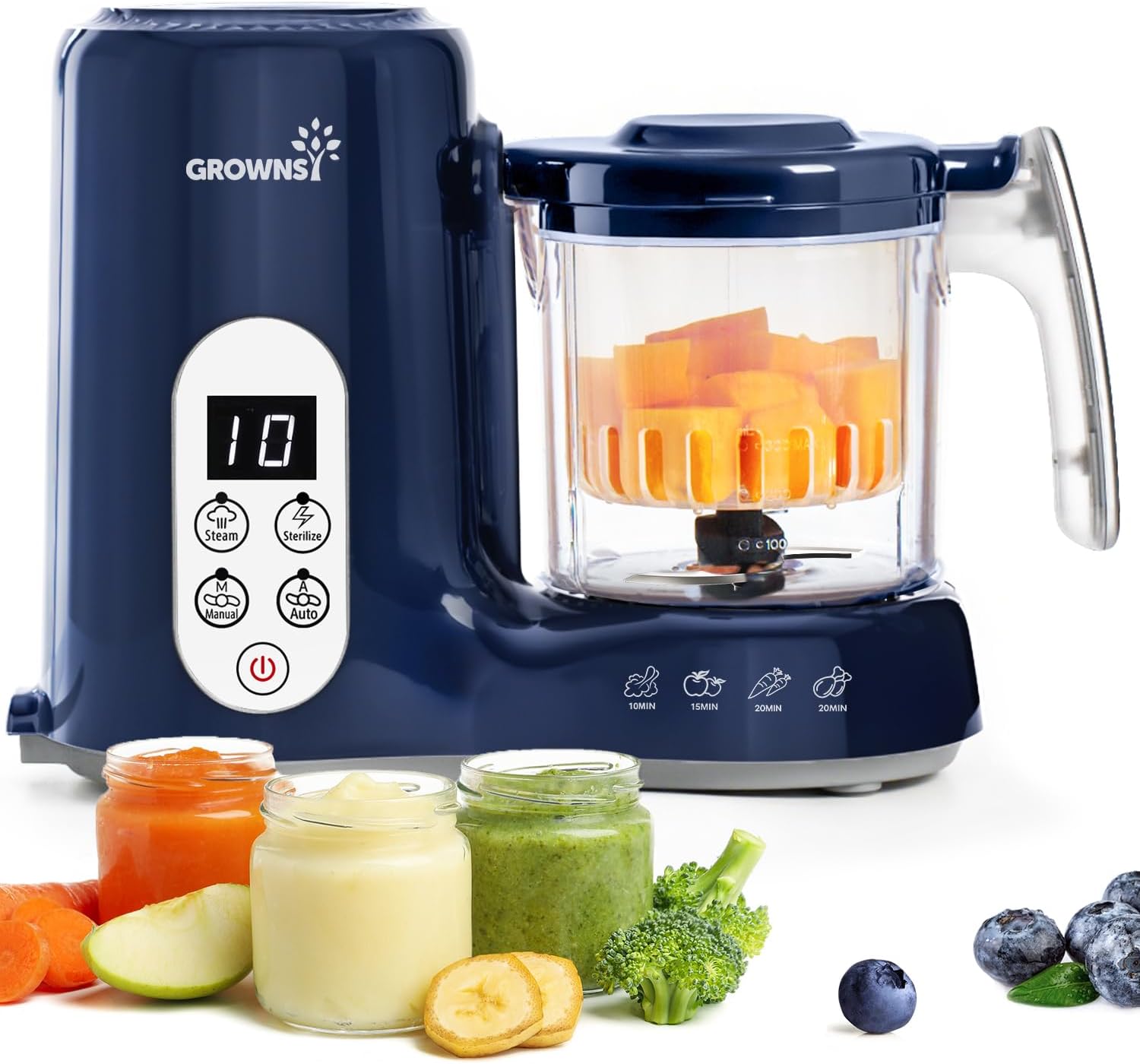 Grownsy Baby Food Maker with Steam Basket, One Step Baby Food Processor Steamer Puree Blender Grinder Mills Machine, Auto Cooking Grinding and Sterili-zing for Healthy Homemade Baby Food, Dark Blue