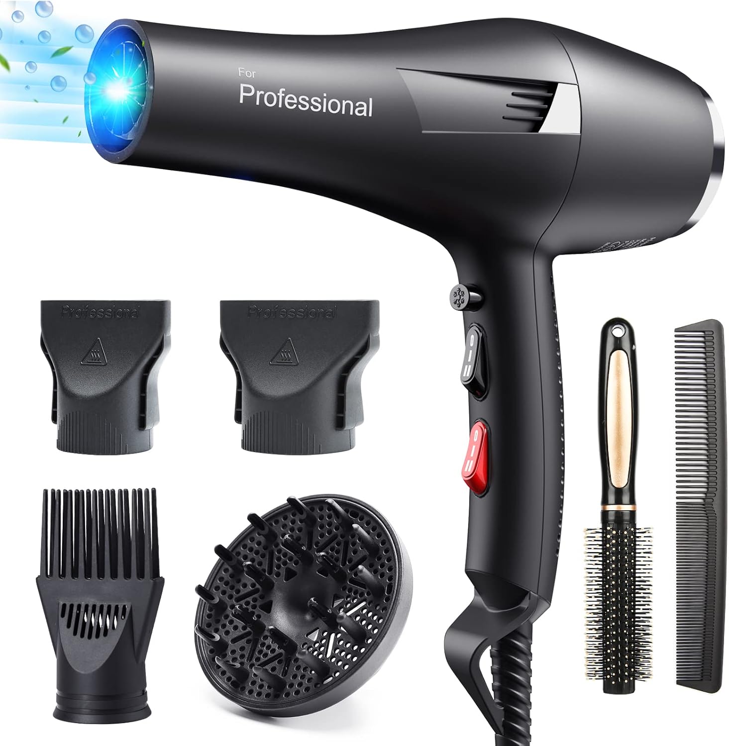 HappyGoo Hair Dryer Professional Ionic Hairdryer Fast Drying Salon with 2 Speed 3 Heat Setting, Cool Button, with Diffuser, Nozzle, Concentrator Comb for Women Man (Black)